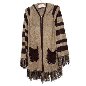 Vintage 100% Pashmina Brown Striped Knit Boucle Full Zip Poncho Sweater OSFM